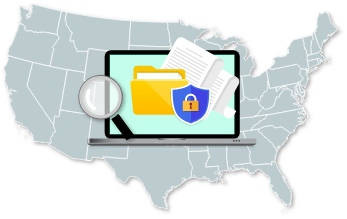 Map of the United States with icons of secured document and laptop