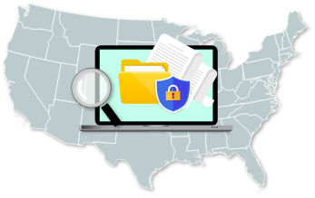 Map of the United States with icons of secured document and laptop