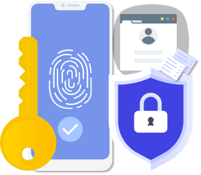 Image of key, thumb print and padlock to represent security