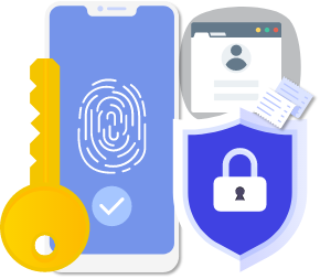 Image of key, thumb print and padlock to represent security