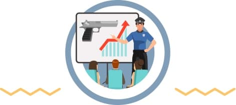 Image of a cop showing a graph about guns