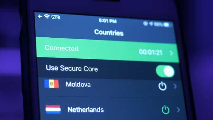 ProtonVPN's countries list on its app