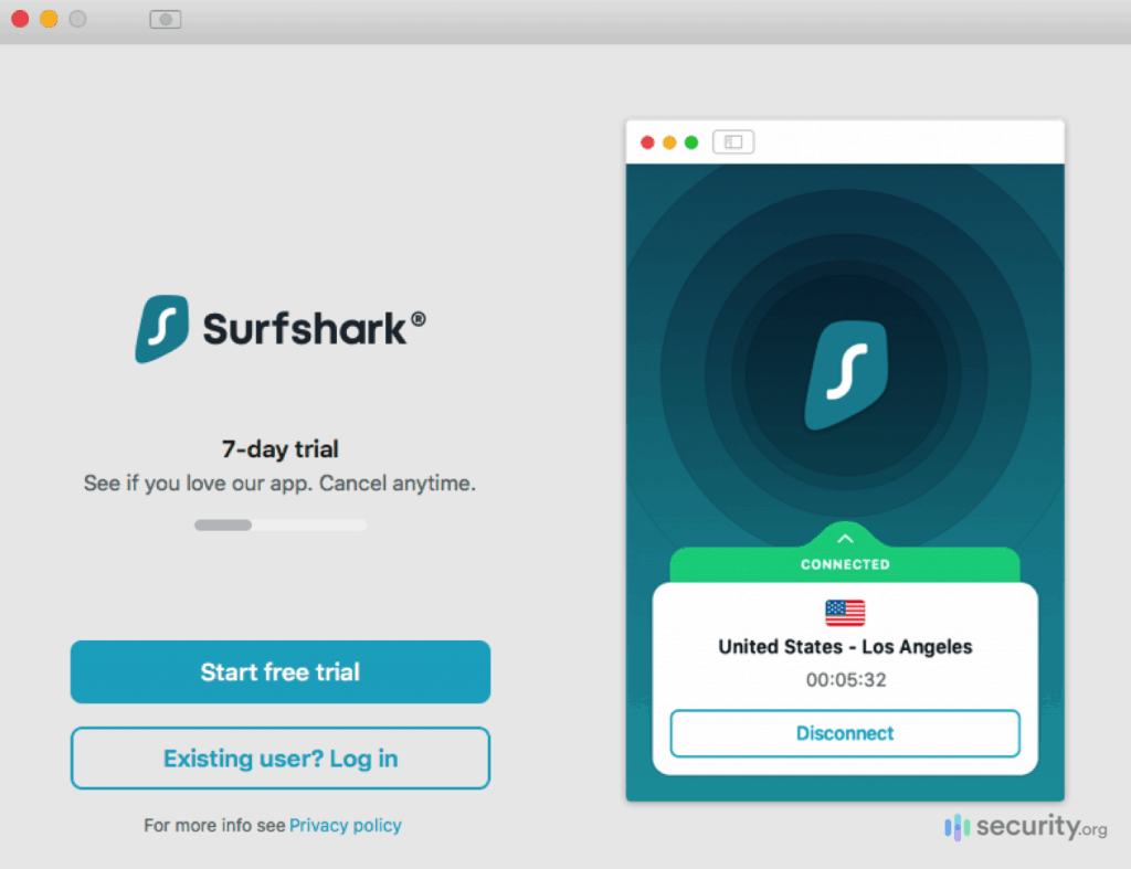 Страница входа в приложение Surfshark