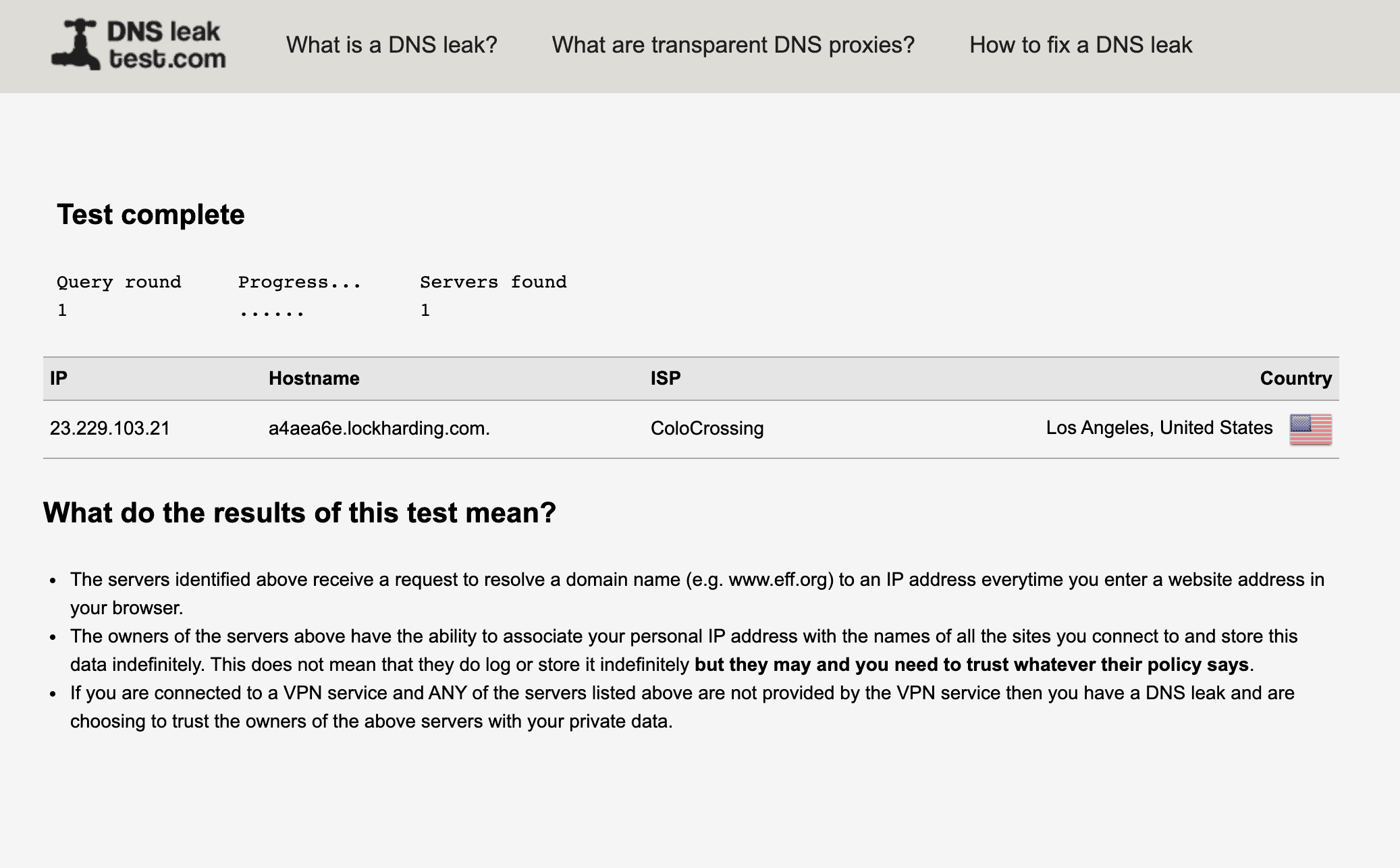 DNS Leak Test With the VPN Running