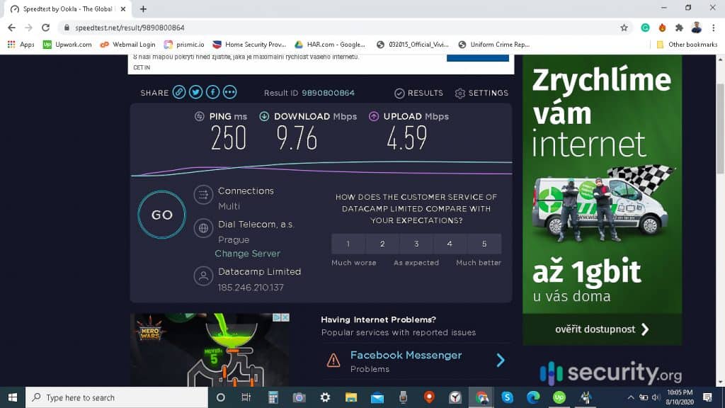 Test de vitesse HMA Windows avec VPN