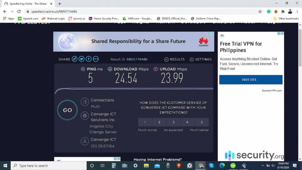 Prueba de velocidad de Windows de HMA sin VPN