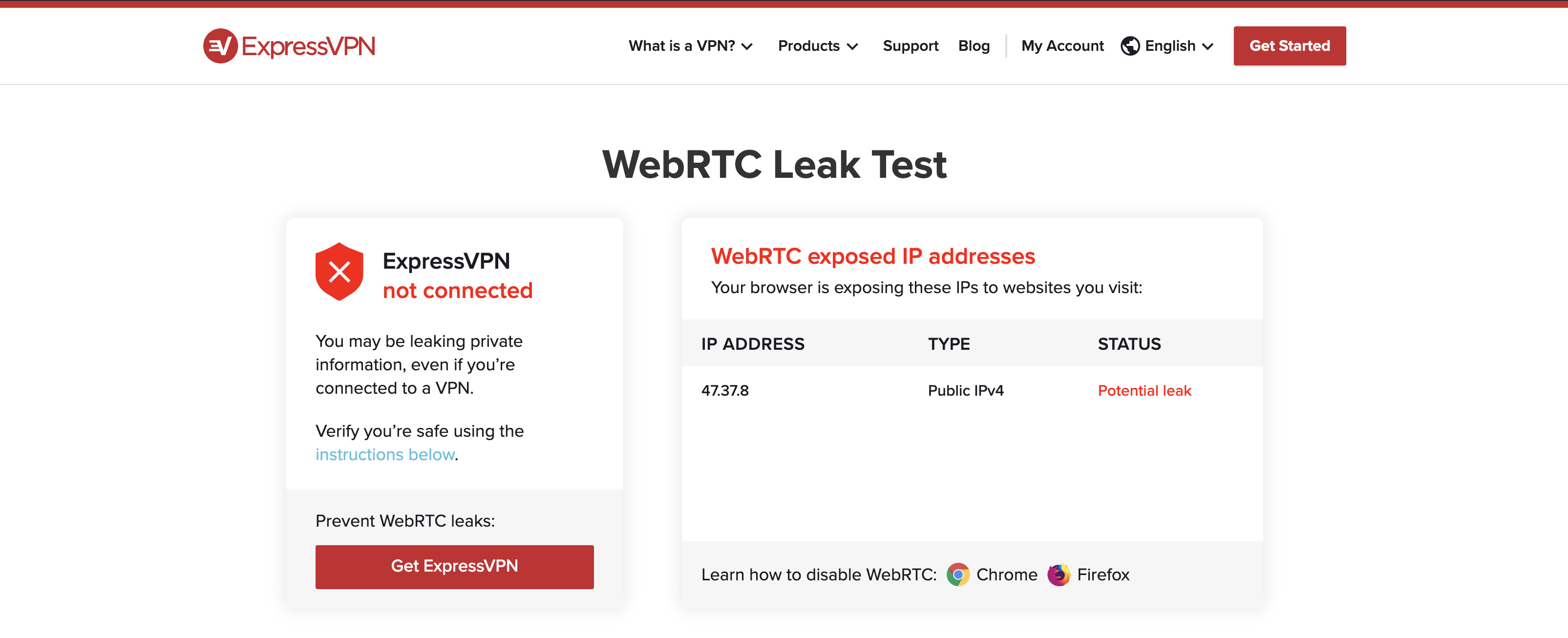 Teste de vazamento do WebRTC sem o VPN em execução