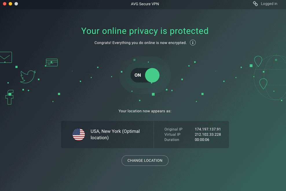 AVG VPN na Mac na aplikacji