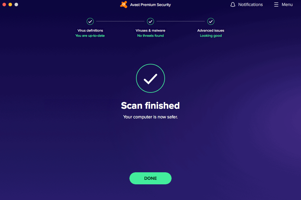 Antivirus de Avast - Escaneo terminado