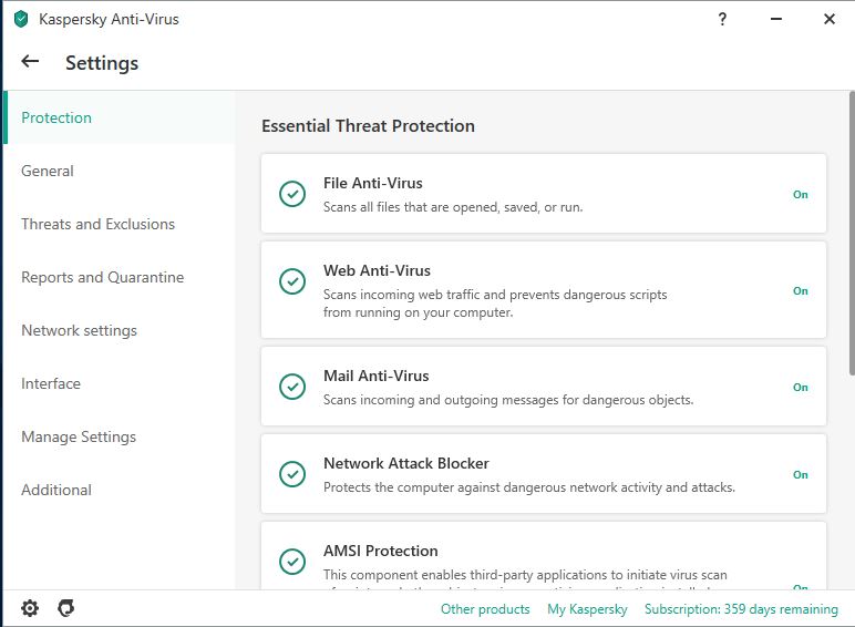 Kaspersky एंटीवायरस सेटिंग्स मेनू