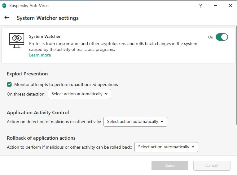 Kaspersky Antivirus System Watcher Settings