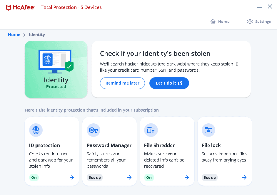 McAfee Identity Protection Menu