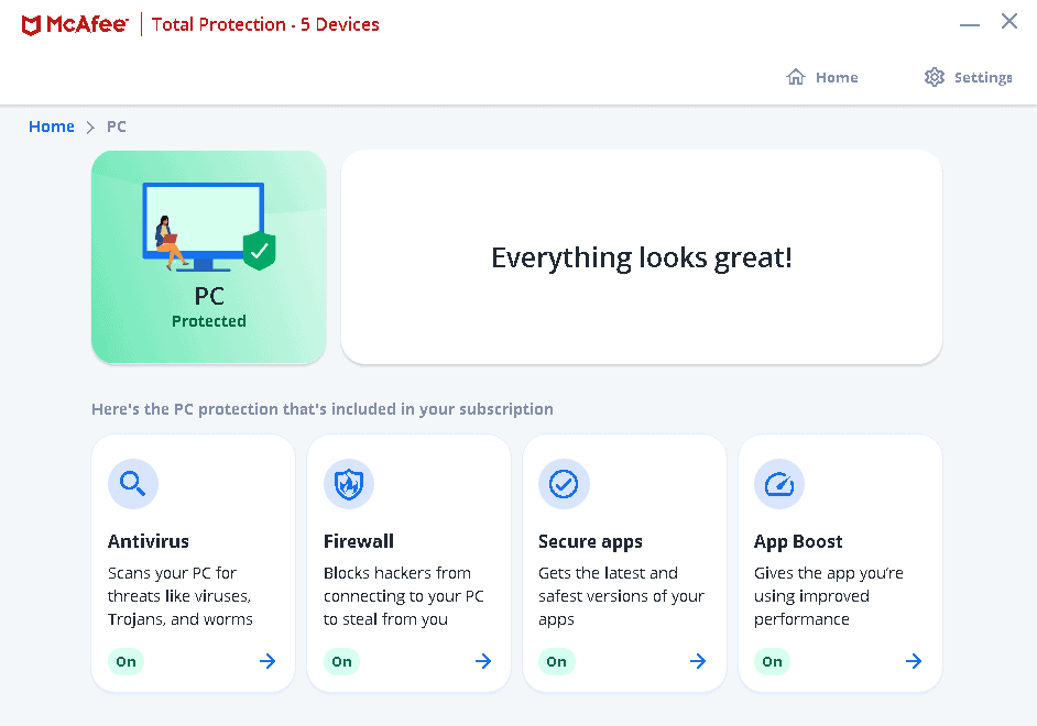 McAfee PC Protection Menu