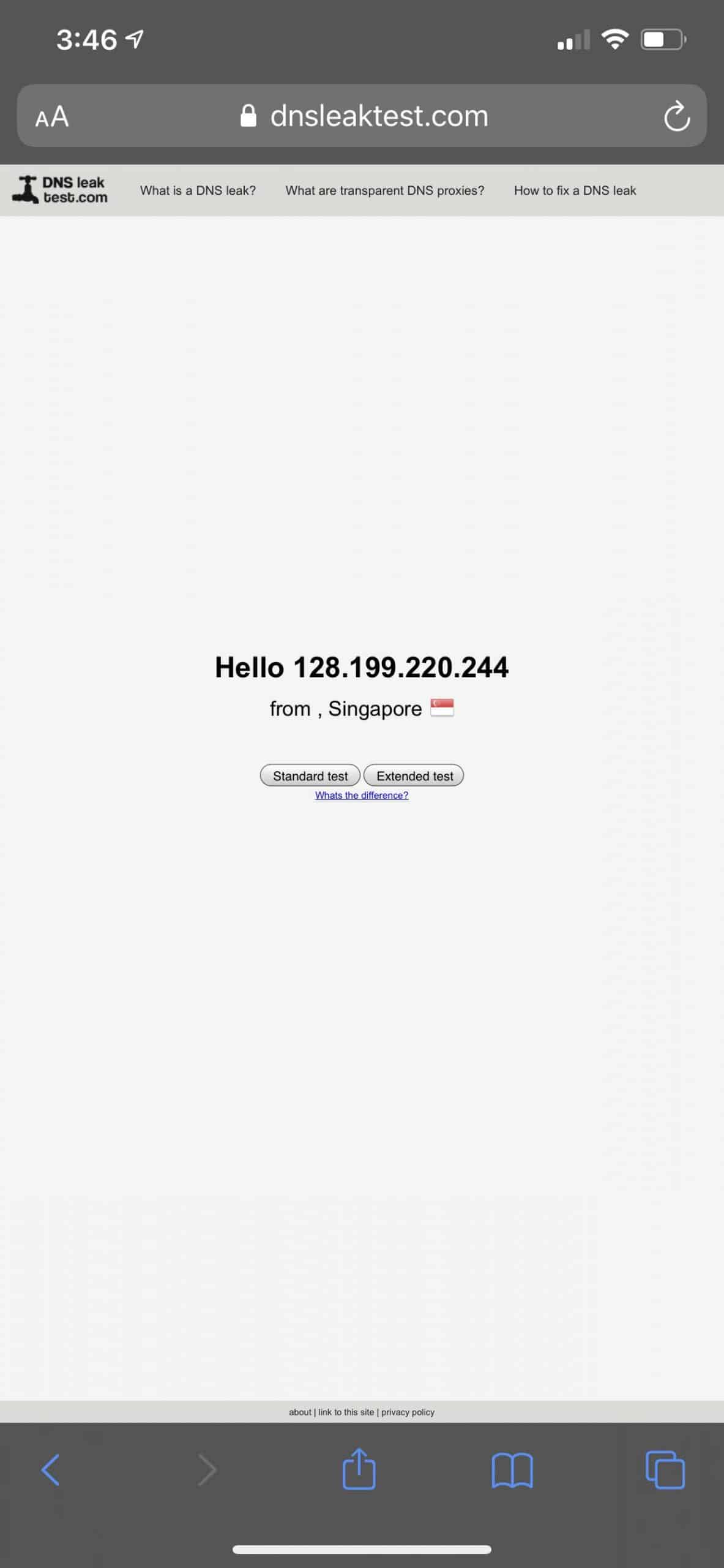 McAfee VPN - DNS Leak Test iOS