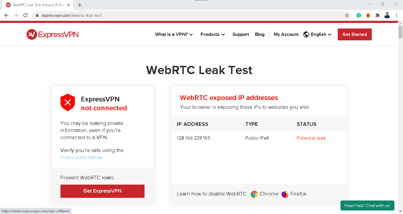 McAfee VPN -WEBRTC 누출 테스트 창