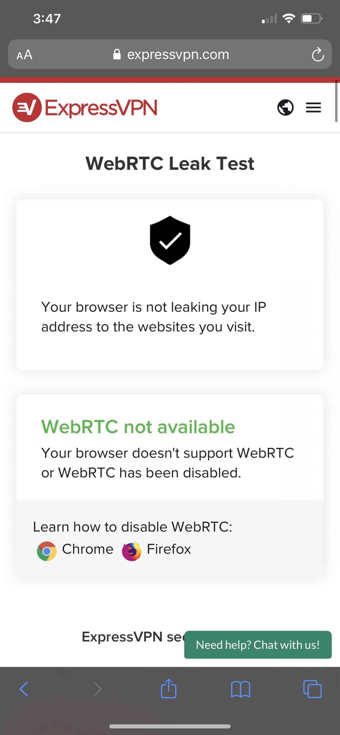 McAfee VPN - WebRTC Leak Test on iOS