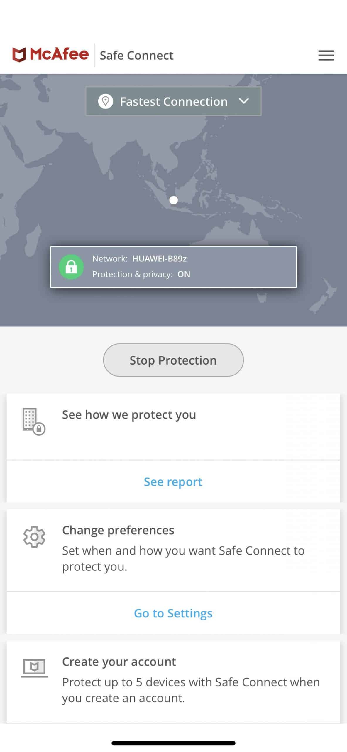 McAfee VPN iOS Home Screen Connected