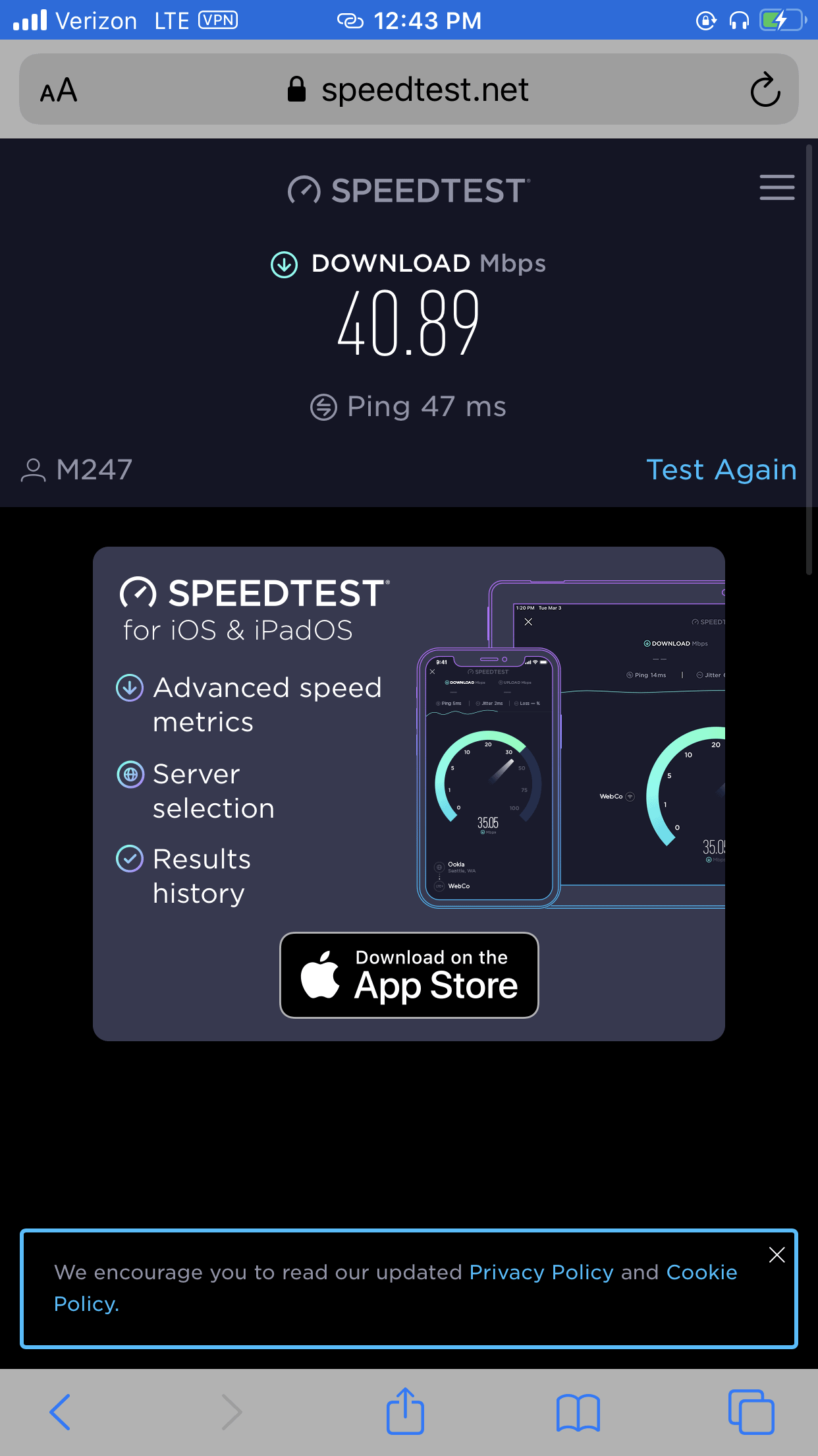 Mozilla VPN Speed Test on iOS with VPN - Connected