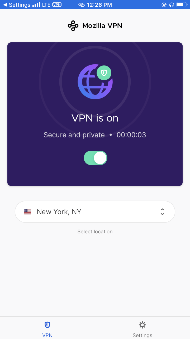 Mozilla VPN iOS App Connected  - Product Header Image