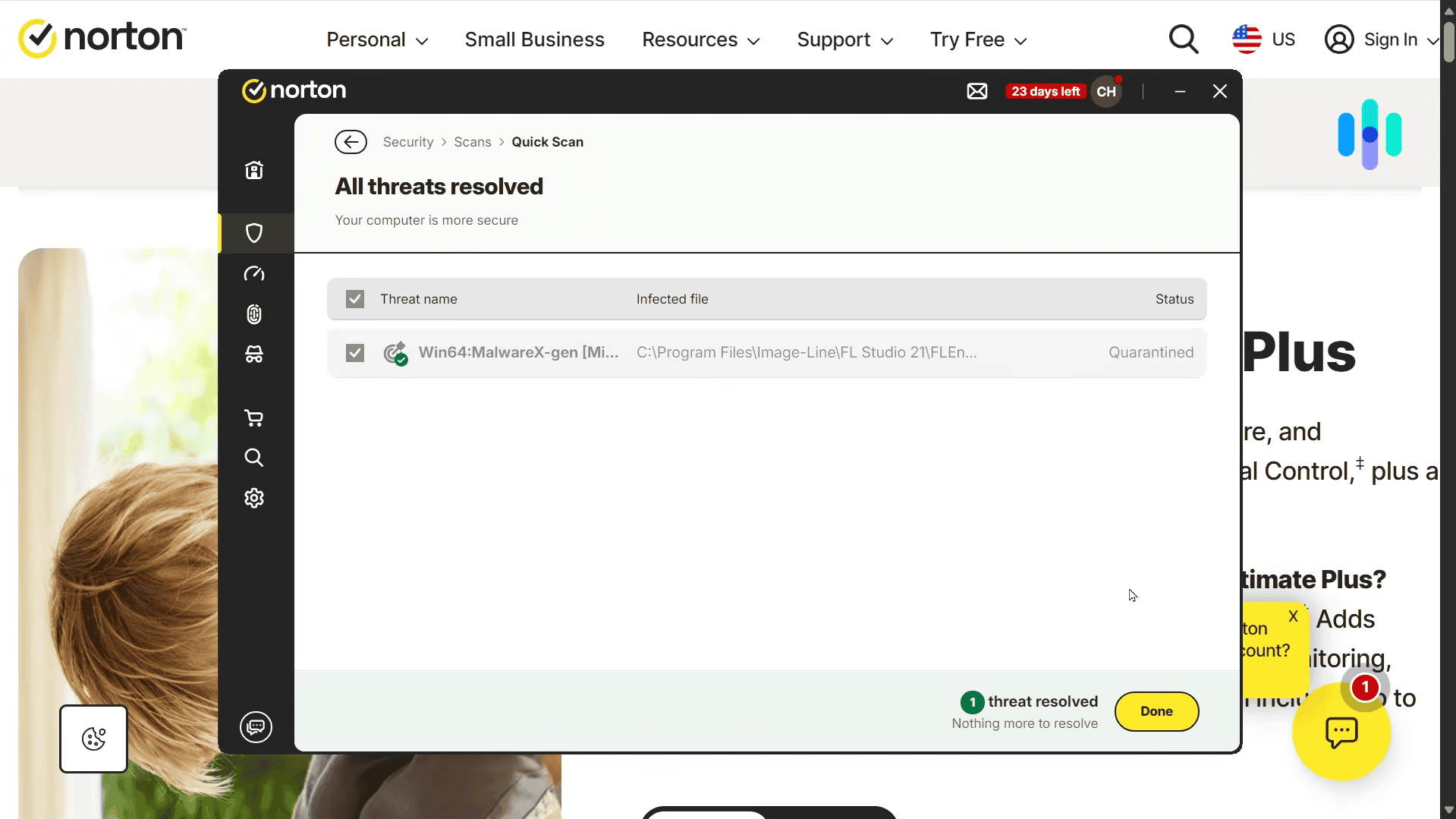 Scan results screen showing a quarantined threat  - Product Header Image