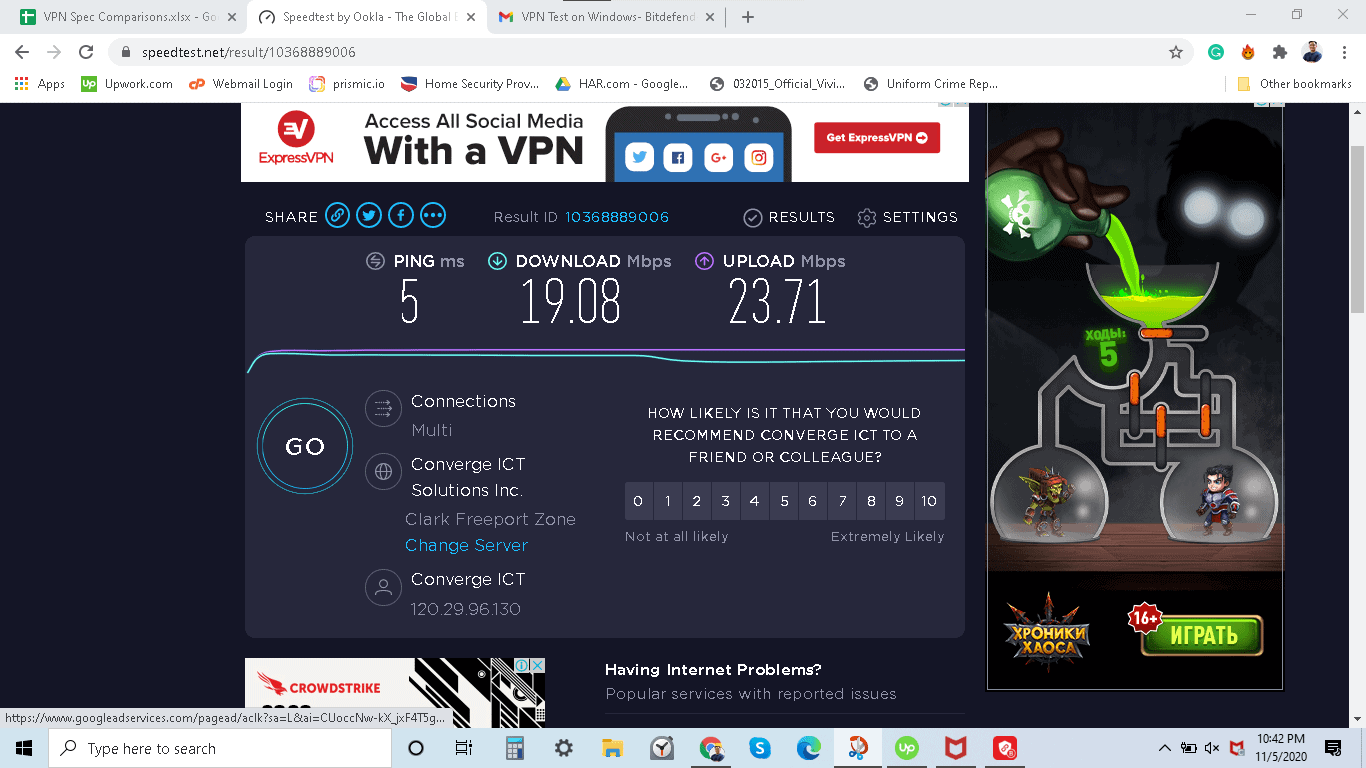 Speedtest without Bitdefender VPN