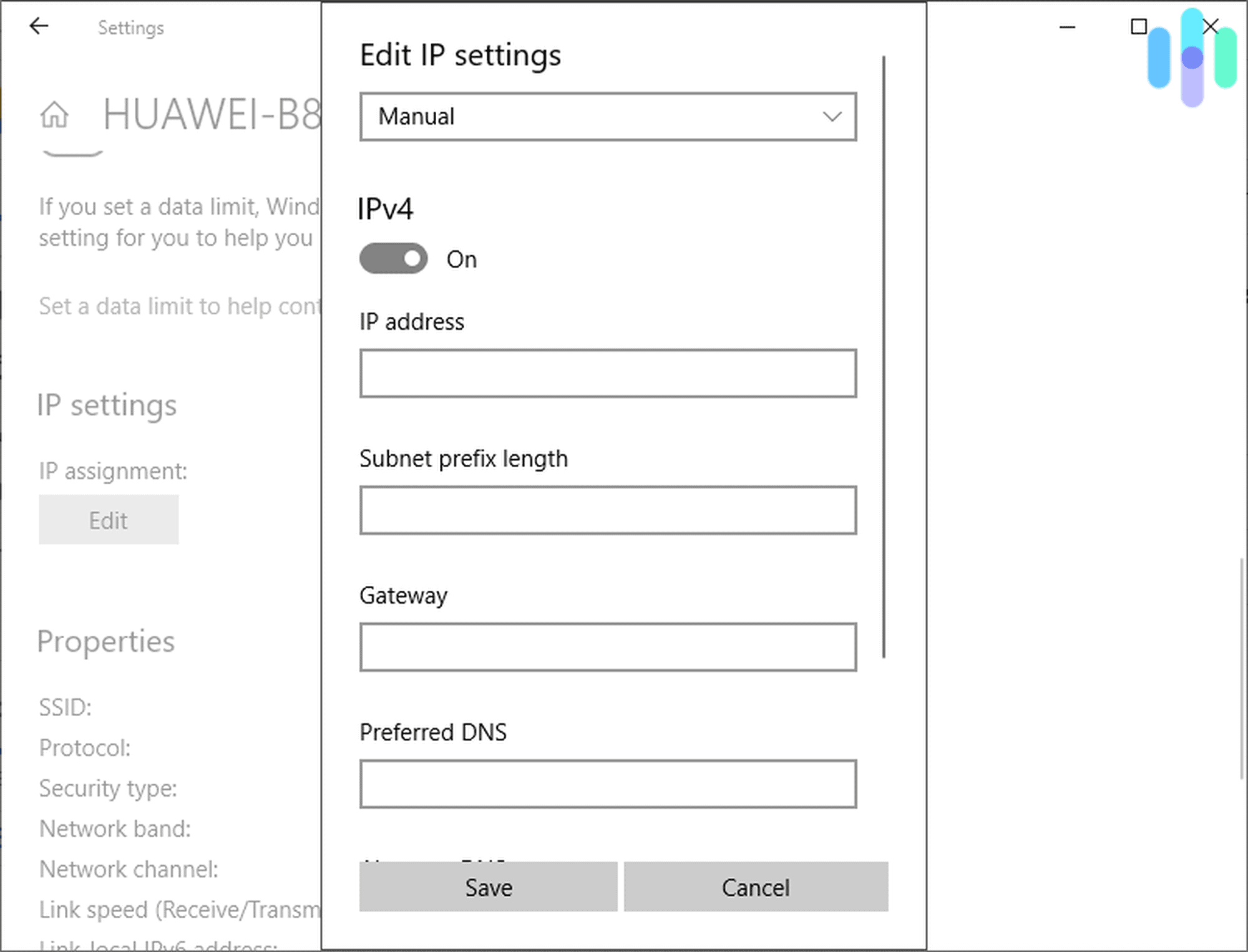 Changing Your IP - On Windows, Turn on IPv4 and fill out the fields IP address, Subnet prefix length, and Gateway. Hit Save when you're done