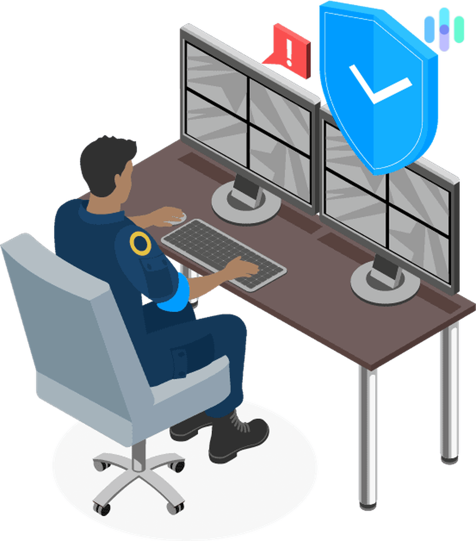 Osoba siedząca przy biurku i wykonująca profesjonalne monitorowanie