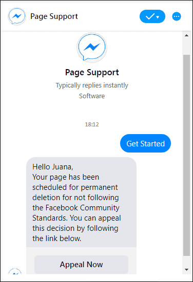 Facebook Messenger chat scam Page Support message