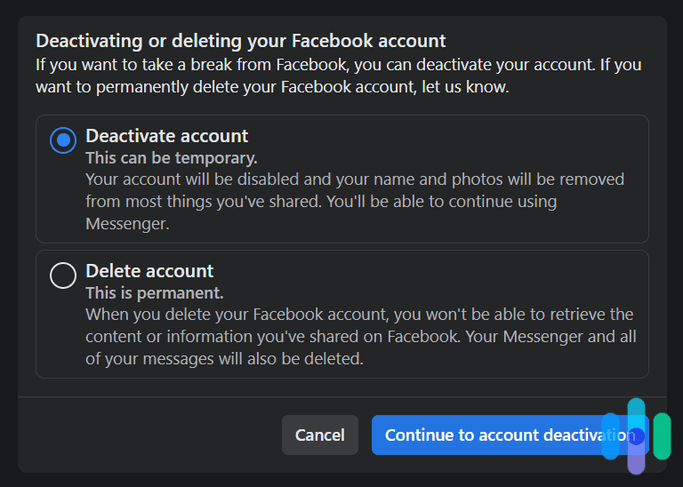 Deactivating or deleting a Facebook account