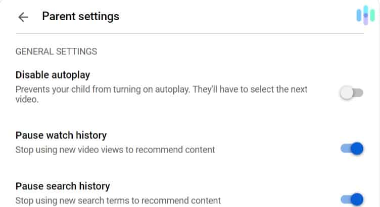 YouTube Parent Settings Turning off the watch history, search history, and autoplay protects your child from potentially inappropriate recommendations.