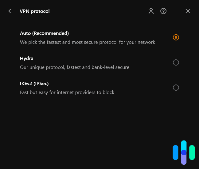 UltraVPN lets you choose between Hydra or IKEv2