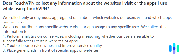 Data collection of Touch VPN Touch VPN privacy policy on Windows