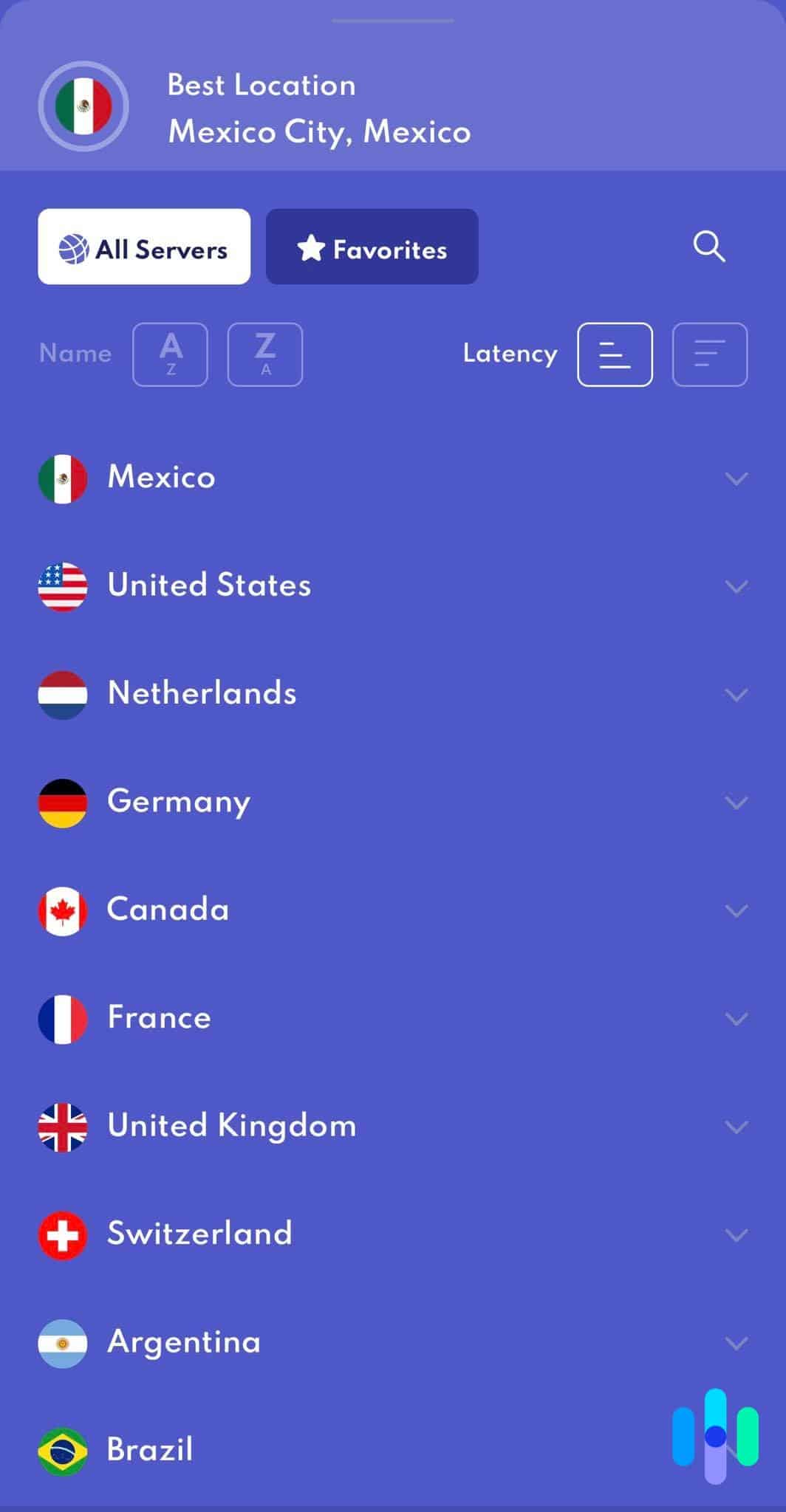 Server menu of the Privado VPN free version