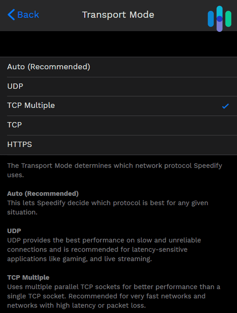Speedify’s Transport Mode set to TCP Multiple