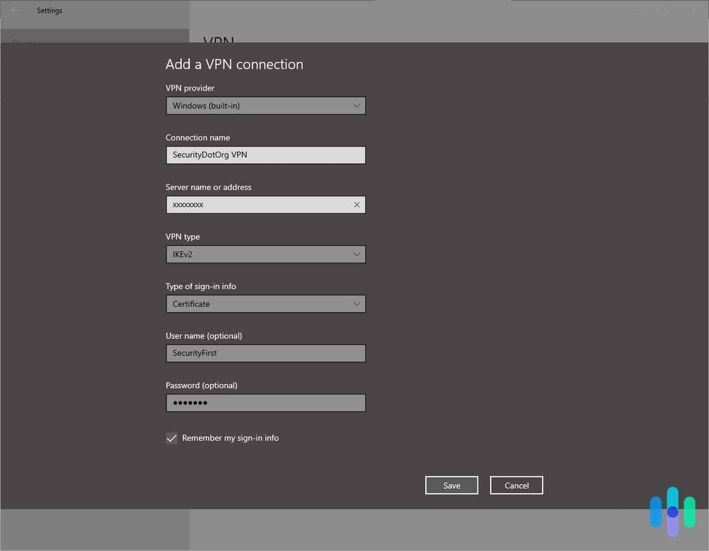 Windows 10’s built-in VPN configuration settings
