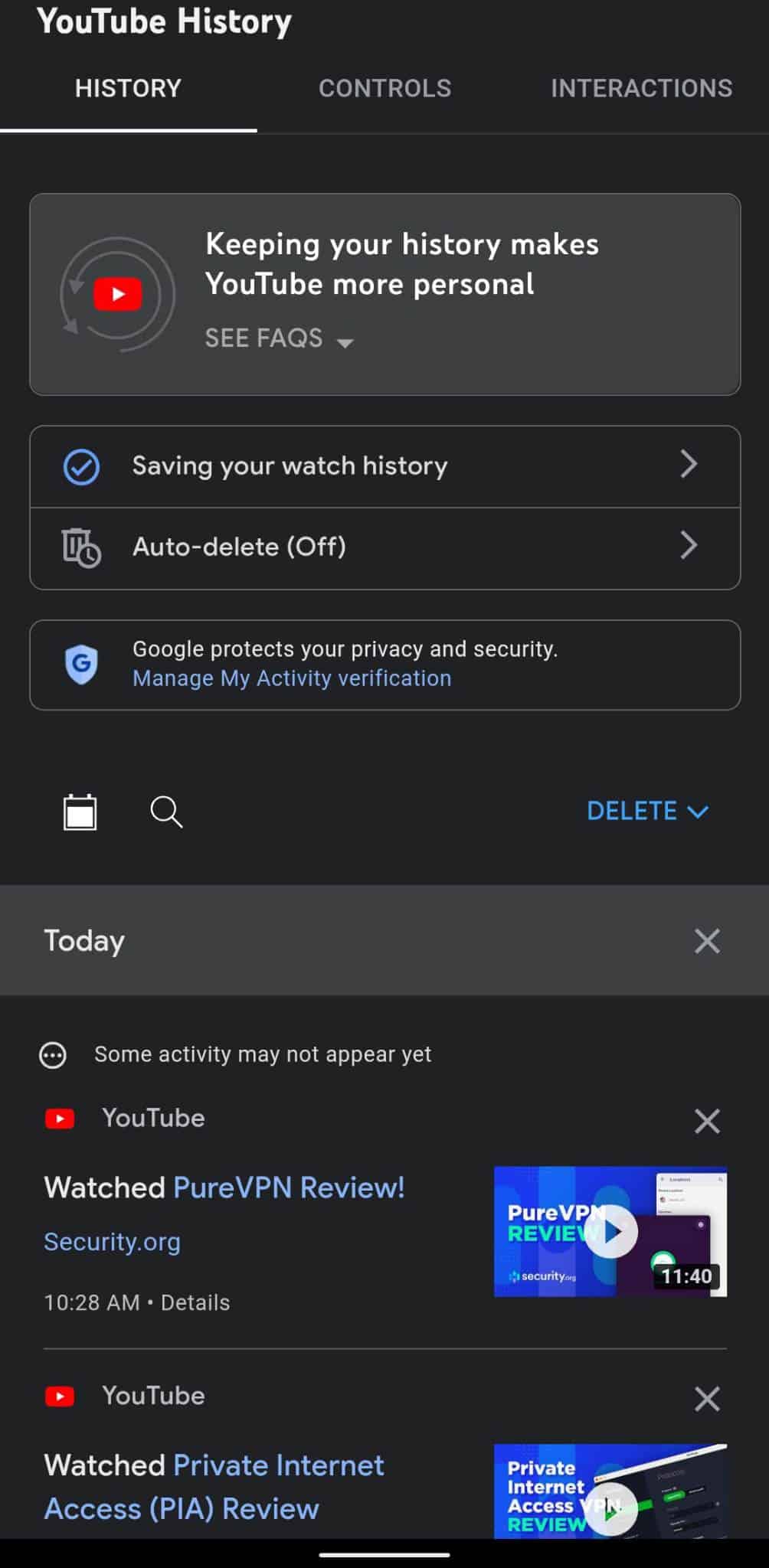 YouTube history as it appears in the YouTube Android app.