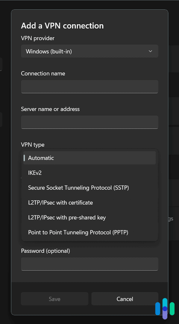 Manually setting up a VPN on Windows 11.