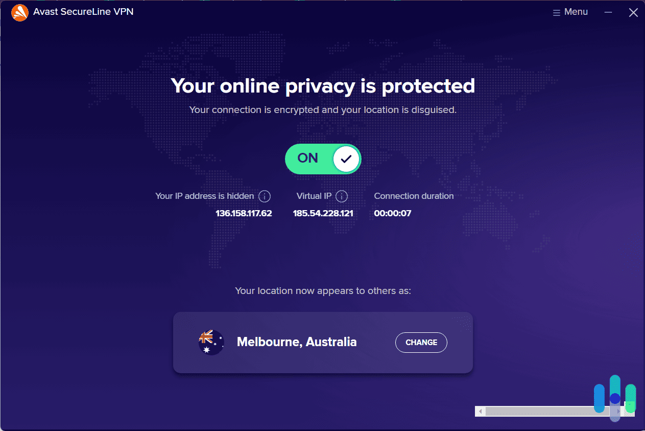 Avast connected to a server in Melbourne, Australia