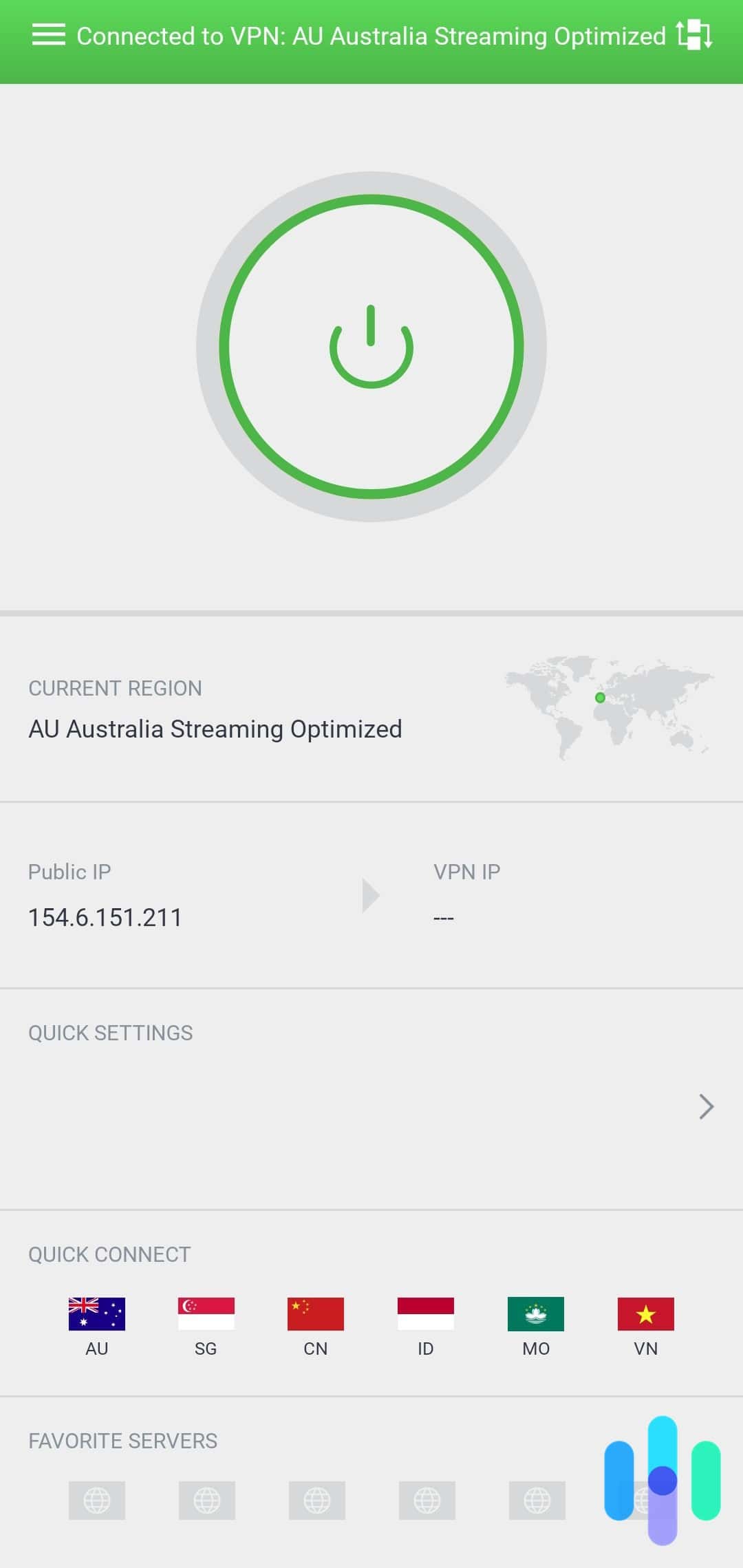 Connected to Australia with the Private Internet Access Android app