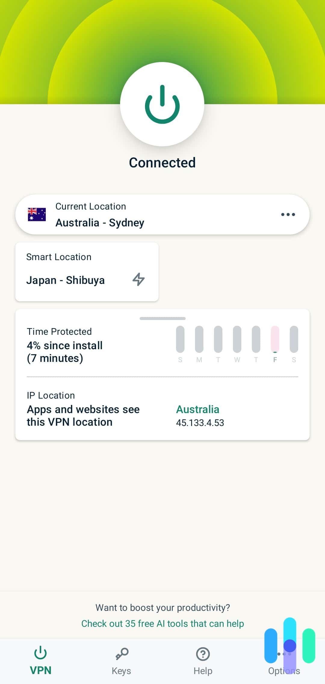 ExpressVPN Android app connected to Sydney, Australia