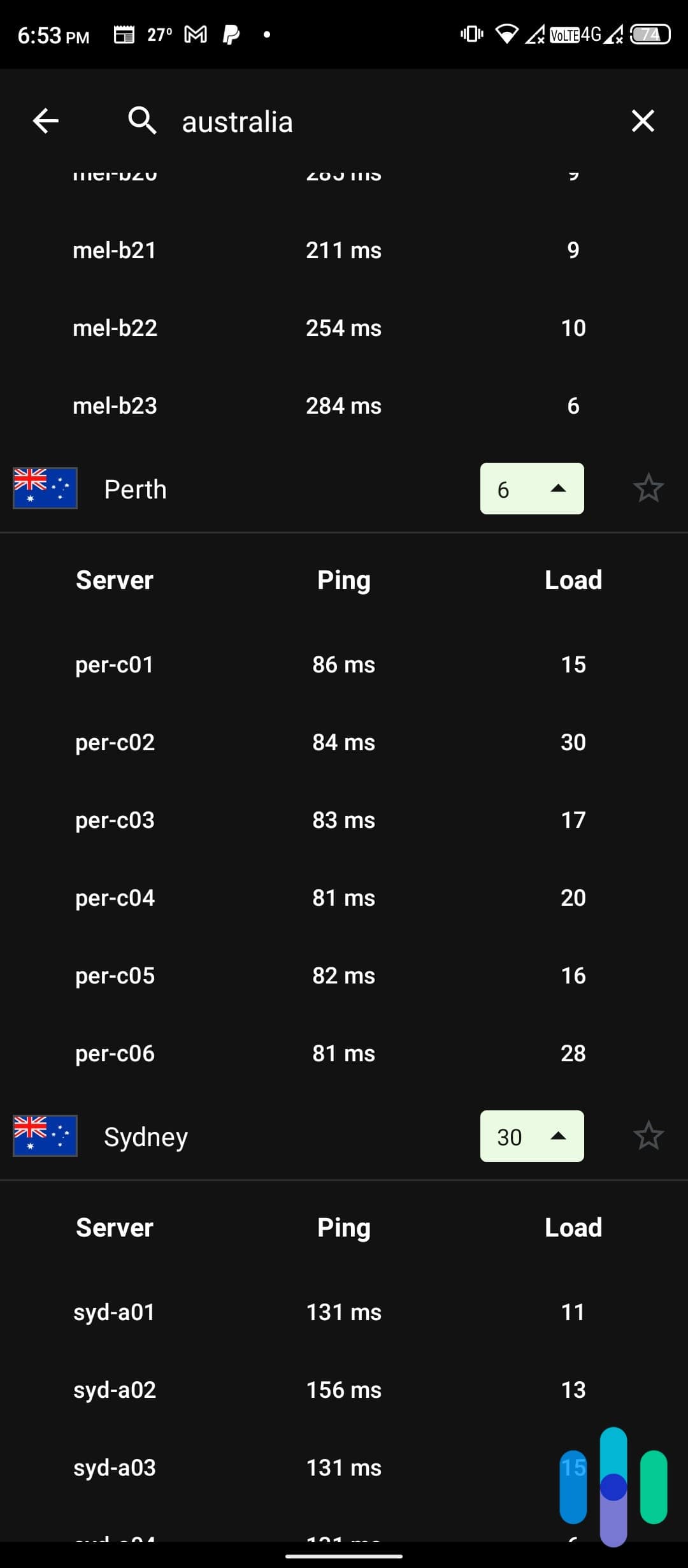 Menu de serveur IPvanish affichant le ping et le chargement