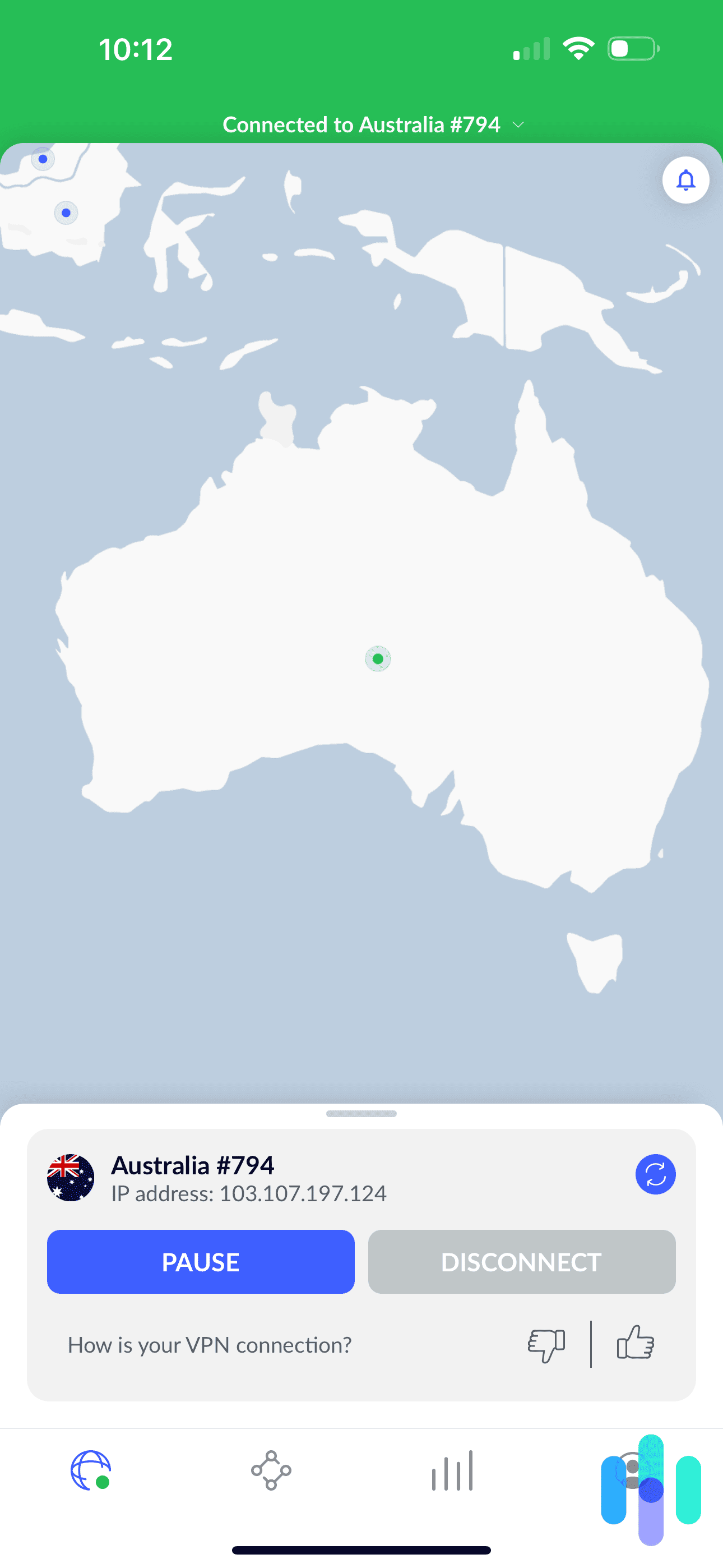 NordVPN iOS app connected to Australia