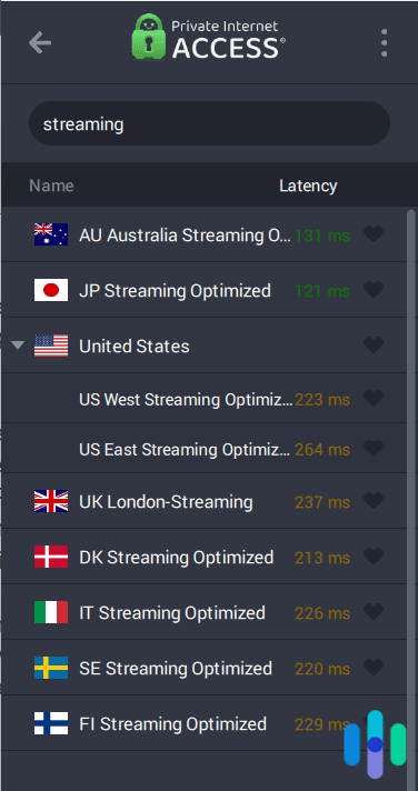 Private Internet Access streaming optimized servers