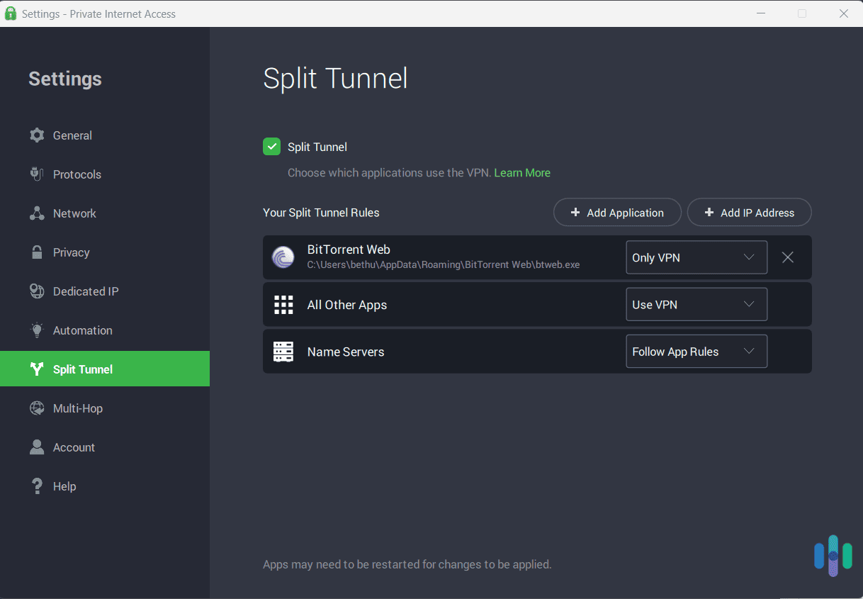 Private Internet Access advanced split tunneling