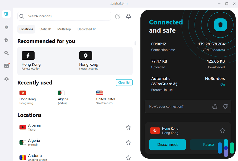 Surfshark connected to Hong Kong