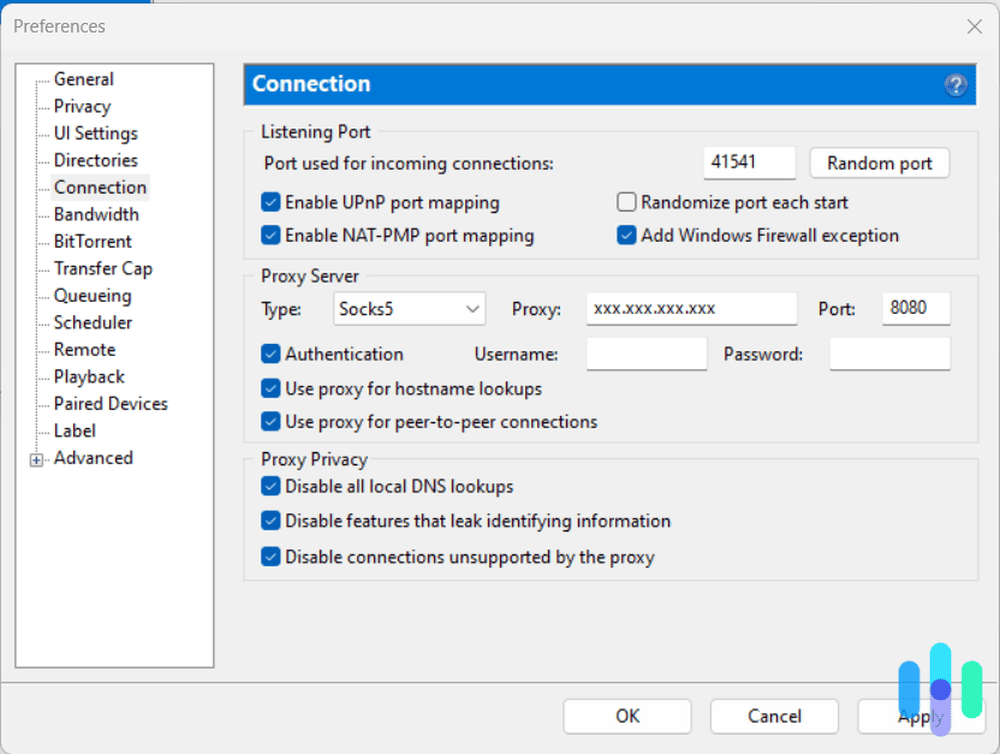 uTorrent’s proxy settings