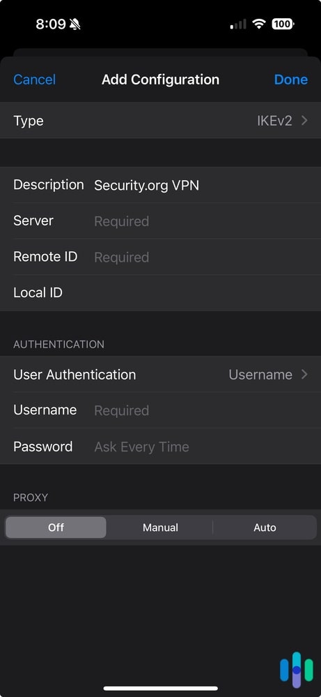 VPN configuration settings on iOS