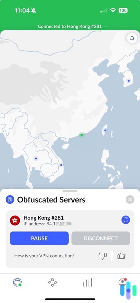 Connected to an obfuscated server with a Hong Kong IP address