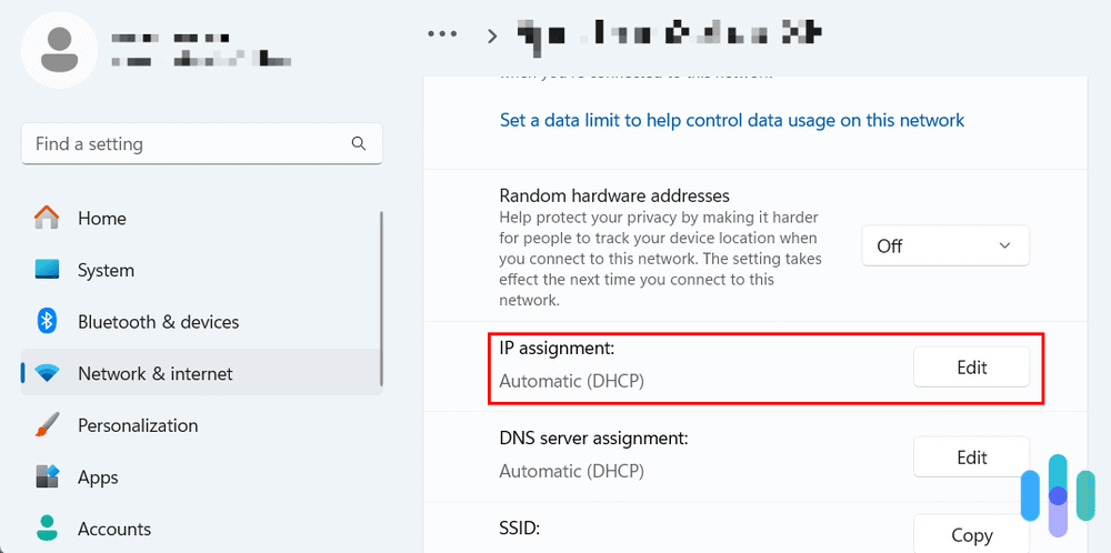 IP assignment settings on Windows