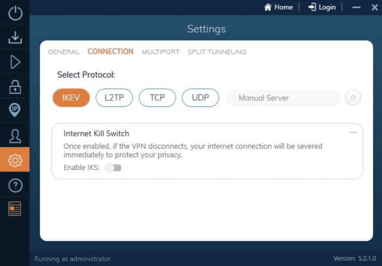 Ivacy's kill switch and protocol selection screen